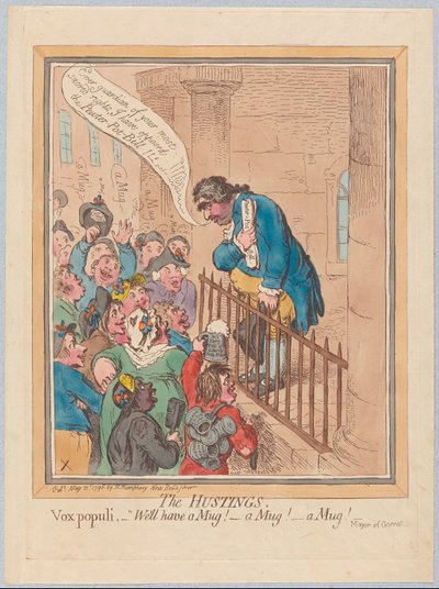 Die Wahlversammlung. Vox Populi: Wir wollen einen Krug! Einen Krug! Einen Krug!, veröffentlicht 1796 von James Gillray