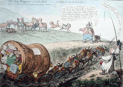 Der Staatswagen und John Bull, oder Der Wagen ist zu viel für die Esel! veröffentlicht von Hannah Humphrey im Jahr 1804 von James Gillray