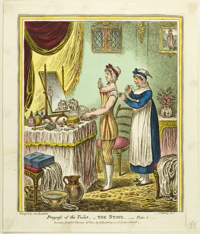 Die Korsetts, Platte eins aus Fortschritt der Toilette von James Gillray