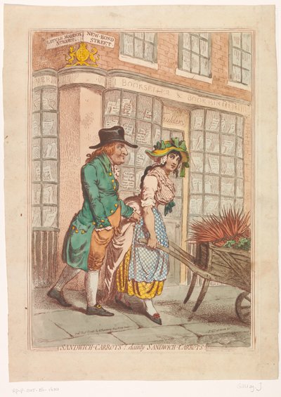 Frau mit einer Schubkarre mit Karotten vor dem Schaufenster des Buchhändlers Robert Faulder in London von James Gillray