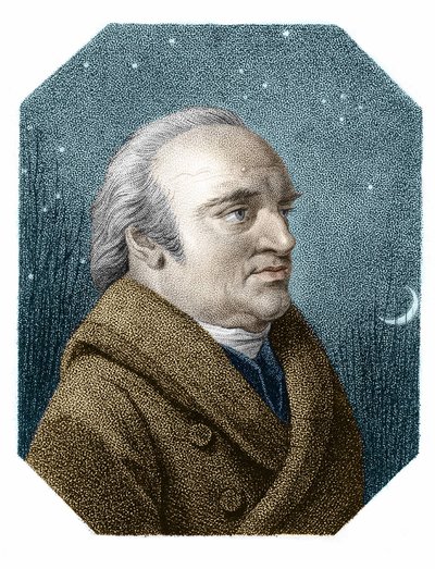 Porträt von William Herschel (1738-1822) vor einem sternenklaren Himmel - aus einem Kupferstich von James Godby von James Godby