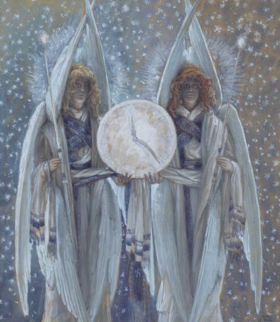 Engel unterstützen eine Uhr, die die Stunden der verschiedenen Szenen der Passion anzeigt, Illustration für Das Leben Christi von James Jacques Joseph Tissot