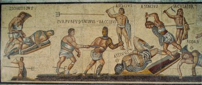 Ein römisches Mosaik zeigt Gladiatoren, die mit verschiedenen Waffen kämpfen. Galleria Borghese... von James L Stanfield