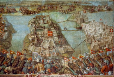 Dieses Fresko stellt die türkische Belagerung Maltas von 1565 dar. Kunstwerk von James L Stanfield