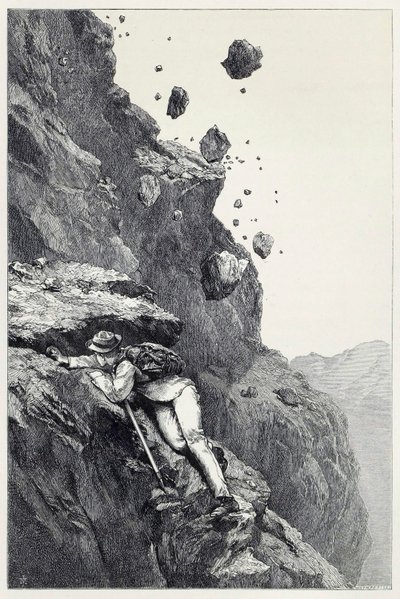 Eine Kanonade auf dem Matterhorn, aus Scrambles amongst the Alps in den Jahren 1860 - 69, veröffentlicht 1871 von James Mahoney