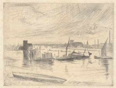 Battersea Morgendämmerung (Cadogan Pier), aus der Thames Set (Eine Serie von sechzehn Radierungen von Szenen an der Themse und anderen Motiven) von James Abbott McNeill Whistler