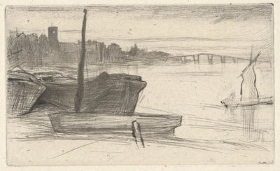 Chelsea Bridge und Kirche, aus dem Thames Set (Eine Serie von sechzehn Radierungen von Szenen an der Themse und anderen Motiven) von James Abbott McNeill Whistler
