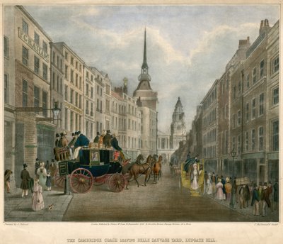 Der Cambridge Coach verlässt den Belle Sauvage Yard, Ludgate Hill, London von James Pollard