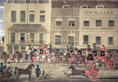 West Country Mails im Gloucester Coffee House, Piccadilly, graviert von C. Rosenberg, 1828 von James Pollard