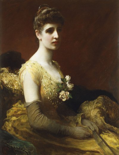 Porträt von Lady Dixon von Rheda, dreiviertel Länge, sitzend, gelbes Kleid mit Blumen, Fächer haltend von James Sant
