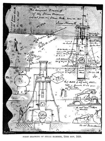 Erste Zeichnung des Dampfhammers, 24. November 1839, aus einer herausgerissenen Seite aus Nasmyths Skizzenbuch, graviert von R. Paterson von James after Nasmyth