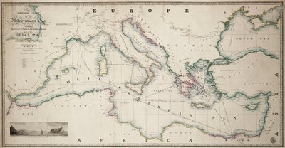 Generalkarte des Mittelmeers einschließlich des Golfs von Venedig, des Archipels und eines Teils des Schwarzen Meeres mit den Dampfschifffahrtsrouten von James the Younger Wyld