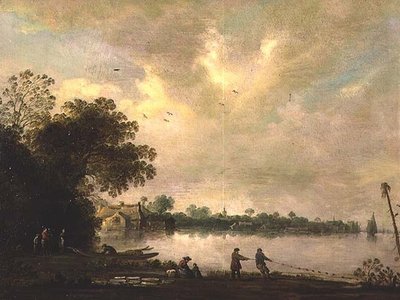 Eine Flusslandschaft mit Fischern, die ein Netz einholen von Jan (attr. to) Coelenbier