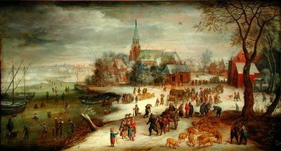 Ansicht von Shelle und dem Fluss Schelde im Winter mit einem Markt und Schlittschuhläufern von Jan (follower of) Brueghel