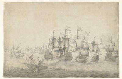 Eine Seeschlacht, möglicherweise bei Lowestoft am 13. Juni 1665 (linkes Blatt) von Jan Abrahamsz. Beerstraten (possibly)