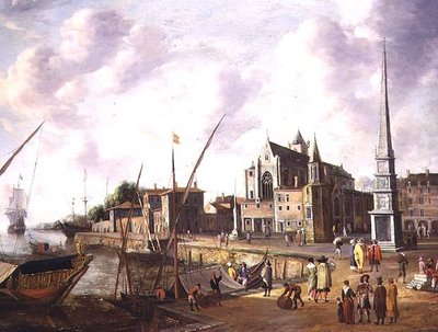 Ein Mittelmeerhafen mit eleganten Figuren am Kai und Schiffen auf See in der Ferne von Jan Abrahamsz. Beerstraten