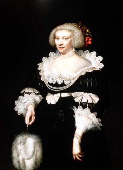 Porträt einer Dame in einem schwarzen Kleid mit Spitzenkragen und -manschetten von Jan Anthonisz. van Ravesteyn