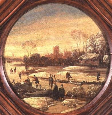 Winterlandschaft mit Schlittschuhläufern auf einem zugefrorenen Wasserweg von Jan Asselyn