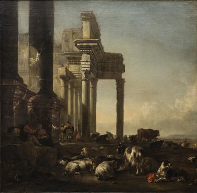 Italienische Landschaft mit Bauern, Vieh und Schafen bei klassischen Ruinen, um 1650er Jahre (Öl auf Leinwand) von Jan Baptist Weenix
