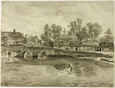 Mann angelt im Fluss nahe Dorf von Jan Baptiste de Jonghe