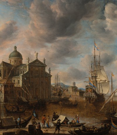 Ein mediterraner "capriccio" Hafen mit Figuren, die sich auf einem Kai unterhalten, und ein niederländischer Dreimaster, der dahinter anlegt, 1665 von Jan Beerstraten