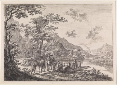 Landschaft mit wartenden Reisenden und einer Fähre am Ufer des Tibers von Jan Both