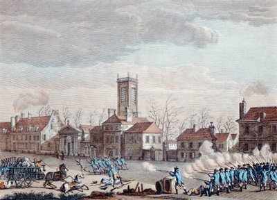 Schlacht vor der Eglise de la Chapelle, Paris, zwischen den Wächtern der Barrieren der Fermiers Generaux und den Revolutionären am 24. Januar 1791, ca. 1795 von Jan Bulthuis