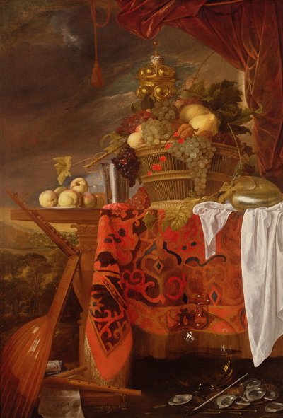 Ein Korb mit gemischtem Obst, vergoldeter Becher, Silberkelch, Nautilus, Glas und Pfirsiche auf einem Teller von Jan Davidsz de Heem