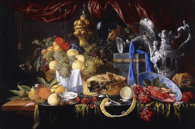 Eine Pastete auf einem Zinnteller, eine teilweise geschälte Zitrone, ein Silberlöffel auf einem Zinnteller, Flusskrebse und Garnelen in einer Wanli Kraak Porzellanschale, 1649 von Jan Davidsz de Heem