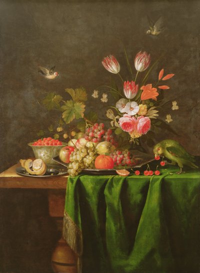Stillleben mit Obst und Blumen mit einem Papagei auf einem Tisch mit grünem Tuch von Jan Davidsz de Heem