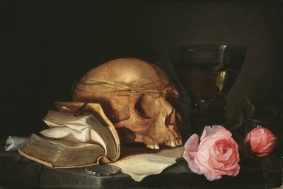 Vanitas Stillleben mit einem Schädel, einem Buch und Rosen von Jan Davidsz de Heem
