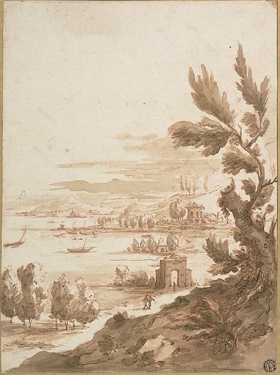 Blick vom Hügel über einen Hafen von Jan Frans van Bloemen