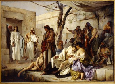 Das Wunder am Teich Bethesda. Auf dem Weg von Beth Zeta (Israel) nach Jerusalem nähert sich Jesus Christus dem Teich, wo sich die Gelähmten versammeln, und heilt auf wundersame Weise einen Kranken. Gemälde von Jan von Jan Franzevich Cloginsky