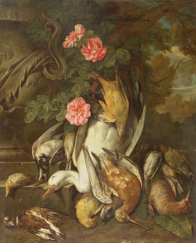 Tote Ente, Schnepfe, Finken und andere tote Vögel mit Rosen und Urne in einer bewaldeten Landschaft von Jan Fyt