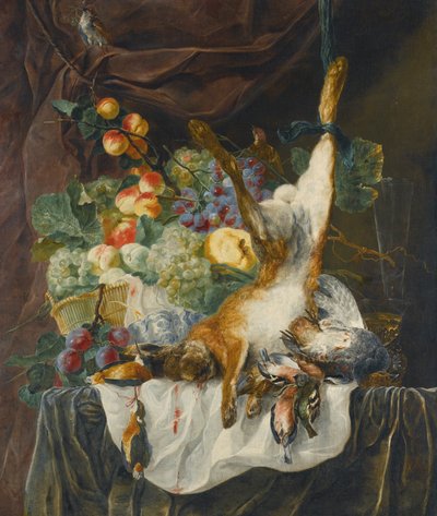 Stilleben mit Hase, Wild und Singvögeln vor einem Stilleben mit Früchten in einem Korb auf einem Sims von Jan Fyt
