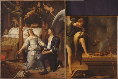 Tobias und Sarah mit dem Erzengel Raphael, der den Dämon Asmodeus exorziert, wieder zusammengesetzt aus zwei getrennten Fragmenten von Jan Havickszoon Steen