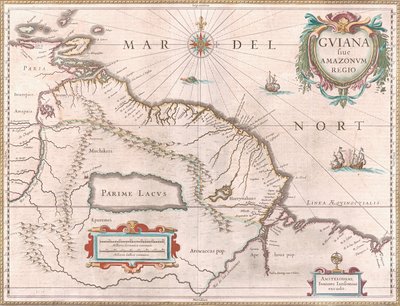 Eine Karte, die um 1649 die Region Guayana darstellt. Von Spanien beanspruchtes Gebiet im Westen in Rot, Niederländisch-Guayana in Gelb hervorgehoben und portugiesisches Gebiet im Südosten in Rot. Der mythische See Parime ist ebenfalls sichtbar von Jan Janssonius
