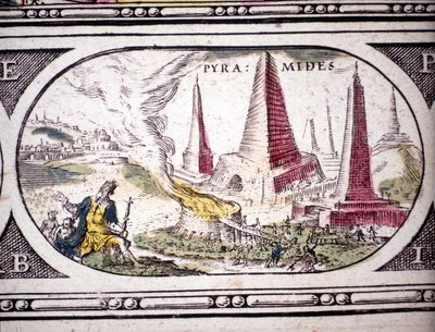 Darstellung der Sieben Weltwunder der Antike: die Pyramiden von Ägypten. im Atlas von Jansson Jannsonius, gedruckt in Amsterdam im Jahr 1630. Private Sammlung von Jan Janssonius