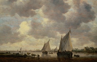 Ein Kanal in Holland oder zwei große Segelschiffe und Vieh in der Nähe eines Flusses von Jan Josephsz van Goyen