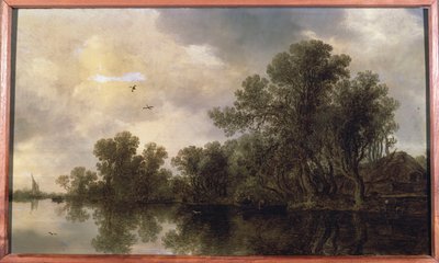 Eine bewaldete Flusslandschaft mit Bauern in einem Ruderboot bei einem Cottage und einer Fähre, ein Segelboot in der Ferne, 1633 von Jan Josephsz van Goyen