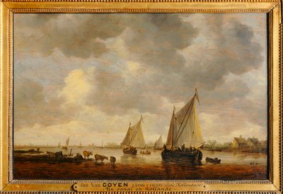 Zwei große Segelboote auf einem Fluss und Tiere am Ufer von Jan Josephsz van Goyen