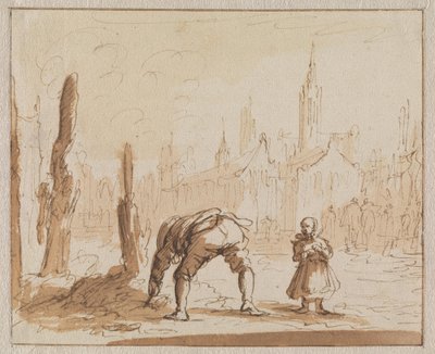 Adriaen Wens sucht in der Asche nach der Mundschraube, die man seiner Mutter in Antwerpen angelegt hatte, 1573 von Jan Luyken
