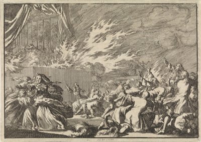 Brand eines Holzschuppens mit einer Theatervorstellung neben Schloss Amalienborg in Kopenhagen, 1689 von Jan Luyken