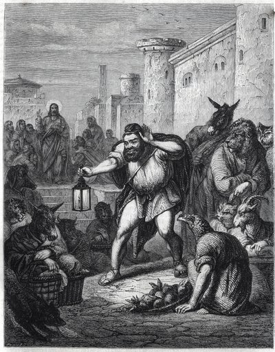 Äsop und Christus: der griechische Schriftsteller Äsop (6. Jahrhundert v. Chr.) mit einer Laterne in der Hand, durchquert einen Weg unter Figuren mit Tierköpfen auf der Suche nach 