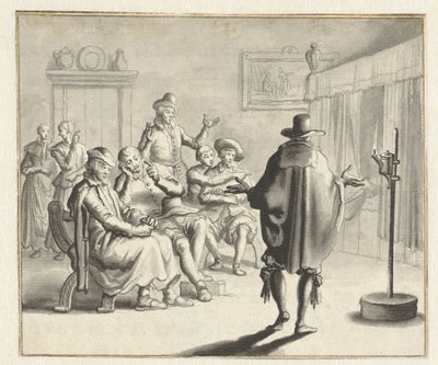 Gruppe von Personen vor einem Bett, in dem es spukt von Jan Luyken