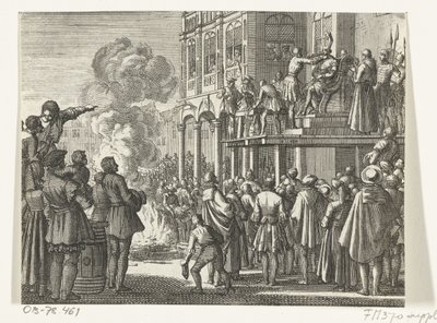 Jacob van Campen mit Mitra auf dem Schafott in Amsterdam, 1535 von Jan Luyken