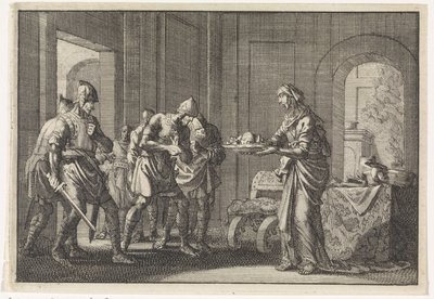 Mutter zeigt Kriegern die Überreste ihres gegessenen Kindes während der Hungersnot in Jerusalem, 1704 von Jan Luyken