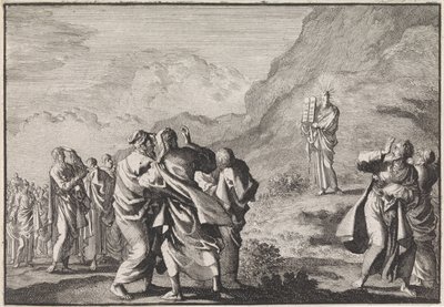Moses empfängt die Gesetzestafeln und zeigt sie dem Volk von Jan Luyken