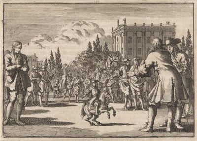 Auf einem Platz in Madrid hat sich eine Menge um Louisillo, den Zwerg des Königs von Spanien, versammelt, 1675 von Jan Luyken