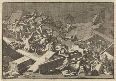 Boden der Hauskirche des kaiserlichen Bevollmächtigten Graf von Bercka stürzt ein, 1697 von Jan Luyken
